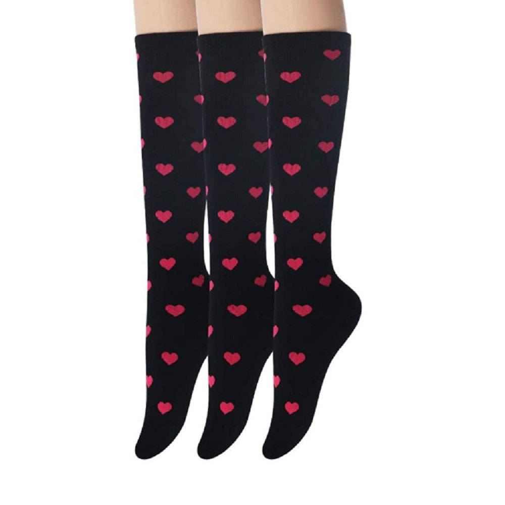 Sockstheway Womens Casual Knee High Socks Black Pink  with Heart Pattern Style 3pairs